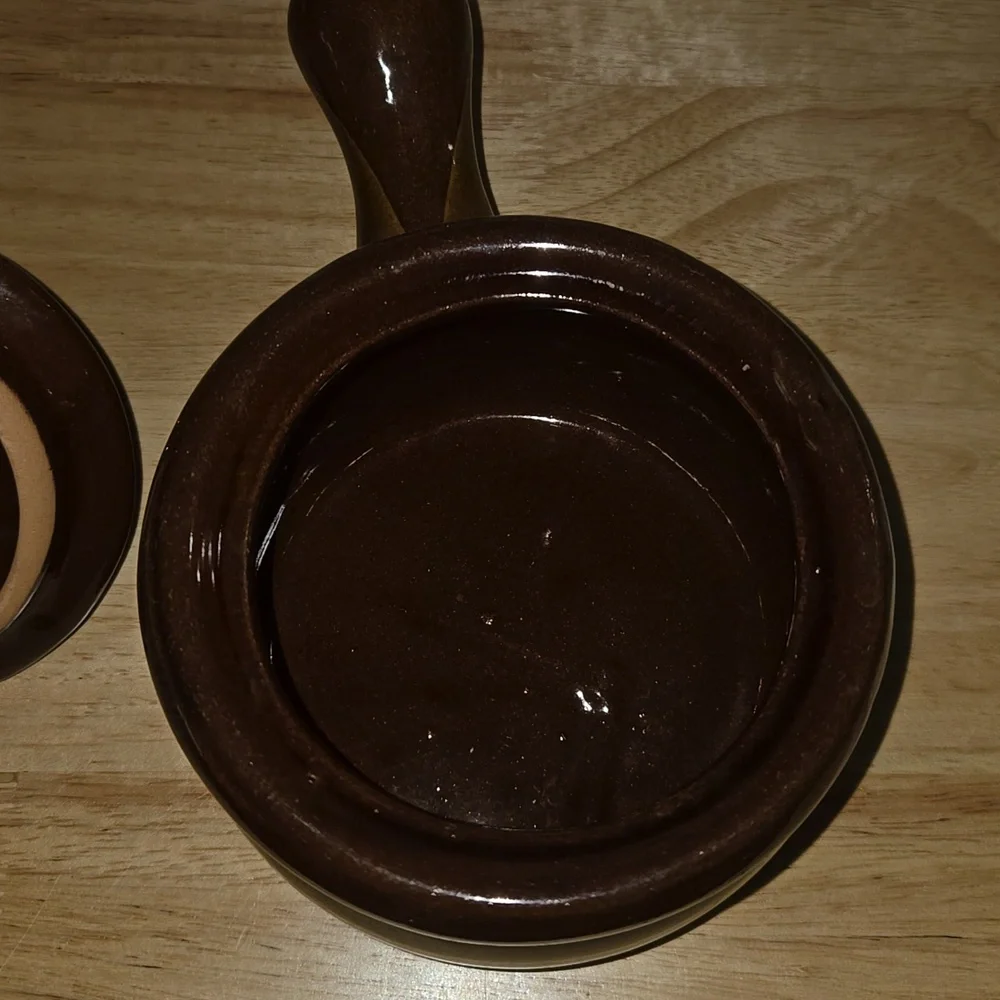 Antique Brown and Cream Ceramic Soup Bowl with Handle - Picture 7 of 9